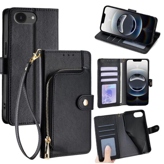 Per iPhone 16e Custodia per telefono in pelle con cerniera (nero)