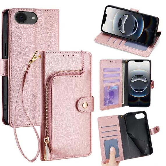 Per iPhone 16e Custodia in pelle con cerniera (oro rosa)