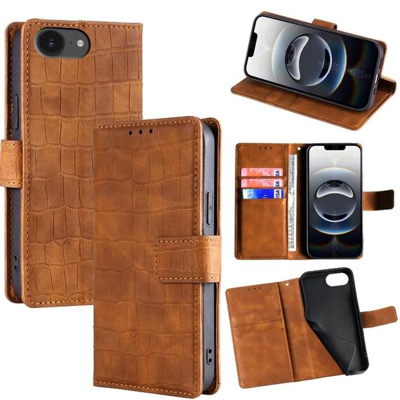 Per iPhone 16e Custodia per telefono in pelle con chiusura magnetica effetto coccodrillo (marrone)