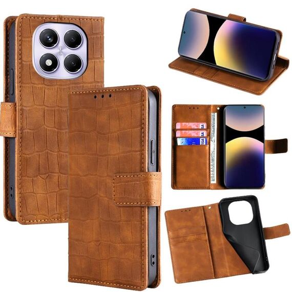 Per Redmi Note 14 Pro 4G Custodia per telefono in pelle con chiusura magnetica effetto coccodrillo (marrone)