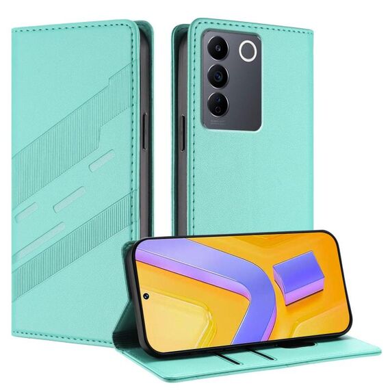 Per vivo V27 5G / V27 Pro 5G Custodia per telefono in pelle retrò con portafoglio multifunzionale in rilievo (verde menta)