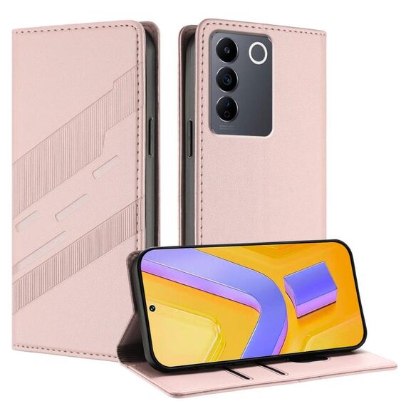 Per vivo V27 5G / V27 Pro 5G Custodia per telefono in pelle retrò con portafoglio multifunzionale in rilievo (rosa)