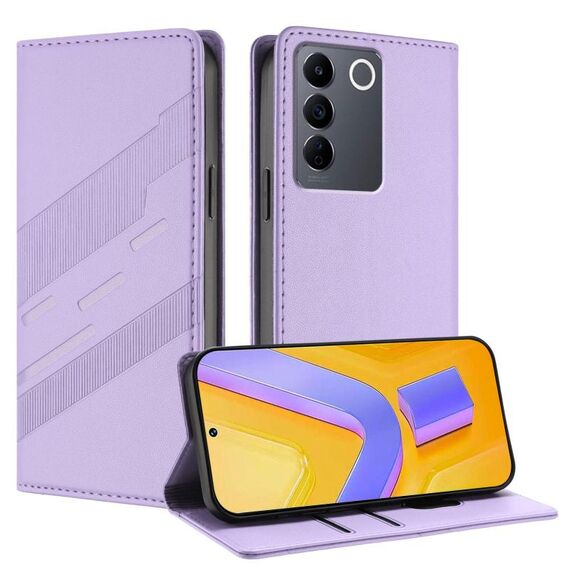 Per vivo V27 5G / V27 Pro 5G Custodia per telefono in pelle retrò con portafoglio multifunzionale in rilievo (viola chiaro)