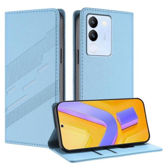 Per vivo V29e 5G / Y200 5G Custodia per telefono in pelle retrò con portafoglio multifunzionale in rilievo globale (azzurro chiaro)