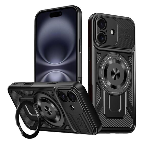 Per iPhone 16 Plus Custodia per telefono con supporto rotante MagSafe Armor (nero)