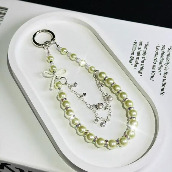 Catena per cellulare con fiocco in vetro e perle (verde)