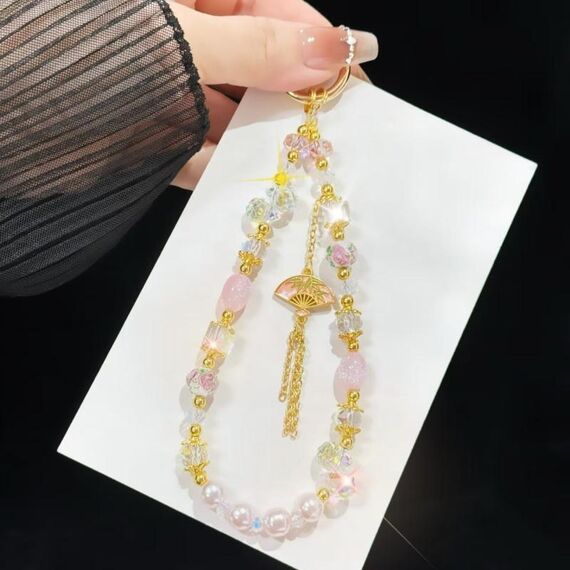 Ciondolo a ventaglio con perline e nappa, catena per cellulare (rosa)