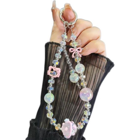 Catena con cordino per cellulare con palline color crema (rosa)