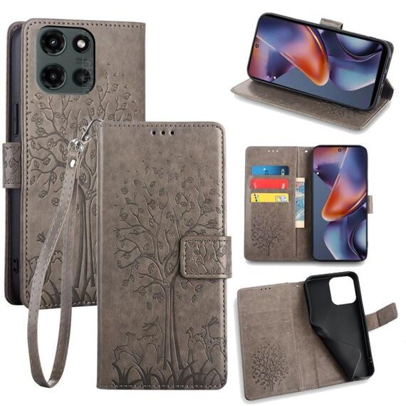 Per Motorola Moto G 5G 2025 Custodia in pelle goffrata con motivo albero e cervo (grigio)