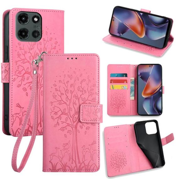 Per Motorola Moto G 5G 2025 Custodia in pelle goffrata con motivo albero e cervo (rosa)
