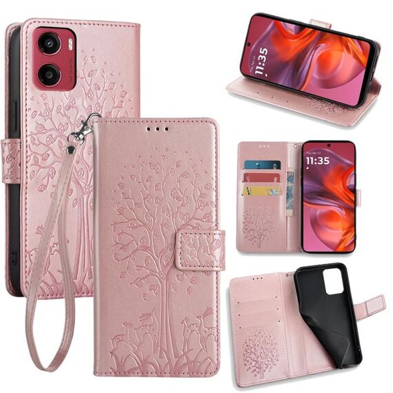 Per Motorola Moto G05 Custodia in pelle goffrata con motivo albero e cervo (oro rosa)