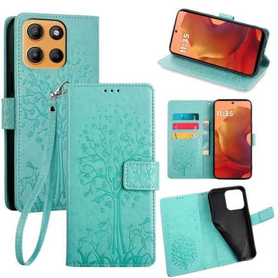 Per Motorola Moto G15 / G15 Power Custodia in pelle goffrata con motivo albero e cervo (verde)