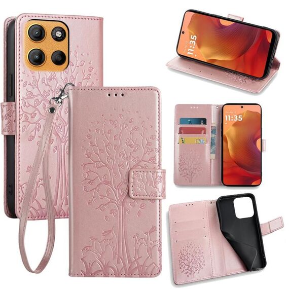 Per Motorola Moto G15 / G15 Power Custodia in pelle goffrata con motivo albero e cervo (oro rosa)