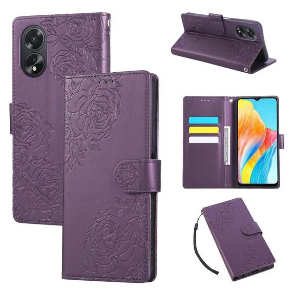 Custodia in pelle con 3 slot per carte di credito e motivo a fiori di rosa per OPPO A38 4G / A18 (viola scuro)