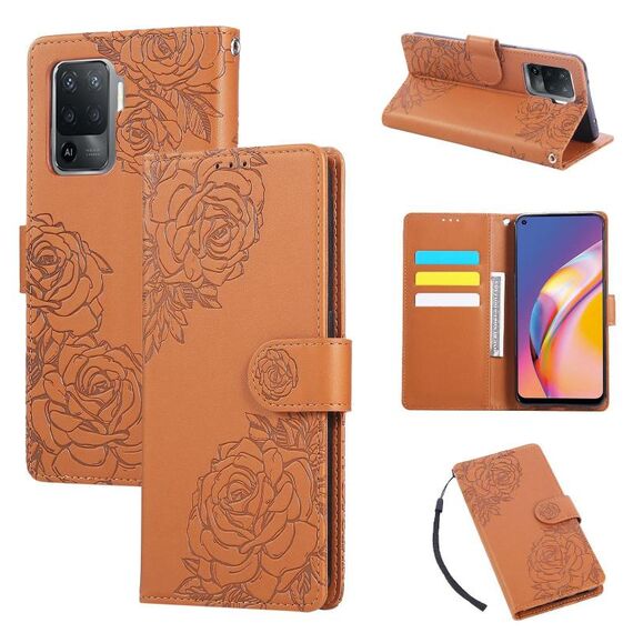 Custodia in pelle con 3 slot per carte di credito e motivo a fiori di rosa per OPPO A94 4G / F19 Pro (marrone)