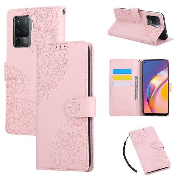 Custodia in pelle con 3 slot per carte di credito e motivo a fiori di rosa per OPPO A94 4G / F19 Pro (rosa)