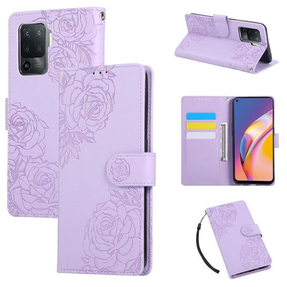 Custodia in pelle con 3 slot per carte di credito e motivo a fiori di rosa per OPPO A94 4G / F19 Pro (viola)