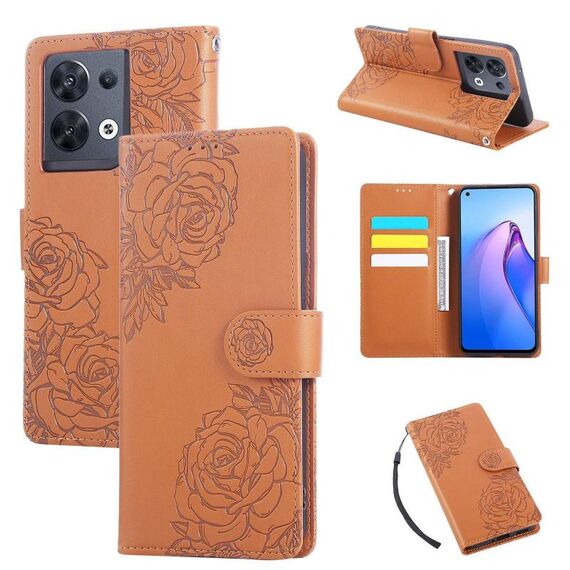 Custodia in pelle con 3 slot per carte di credito e motivo a fiori di rosa per OPPO Reno8 5G (marrone)
