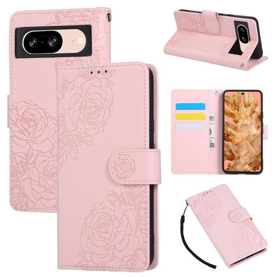 Custodia in pelle con 3 slot per carte di credito e motivo a fiori di rosa per Google Pixel 8 (rosa)