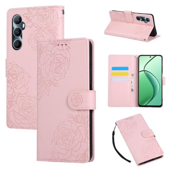 Custodia in pelle con 3 slot per carte di credito e motivo a fiori di rosa per Realme C65 4G (rosa)