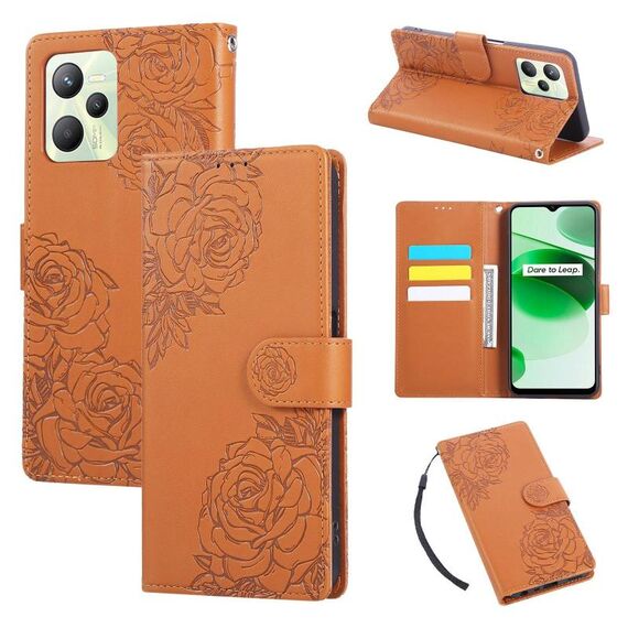 Custodia in pelle con 3 slot per carte di credito e motivo a rose in rilievo per Realme C35 4G (marrone)
