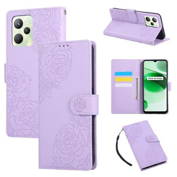 Custodia in pelle con 3 slot per carte di credito e motivo a rose in rilievo per Realme C35 4G (viola)
