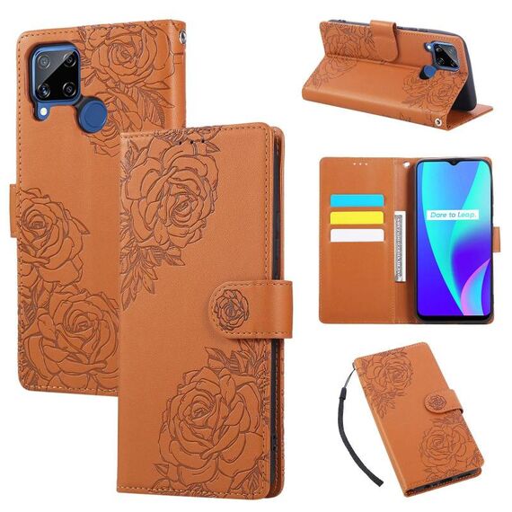 Custodia in pelle con 3 slot per carte di credito e motivo a fiori di rosa per Realme C25 / C12 / C15 (marrone)