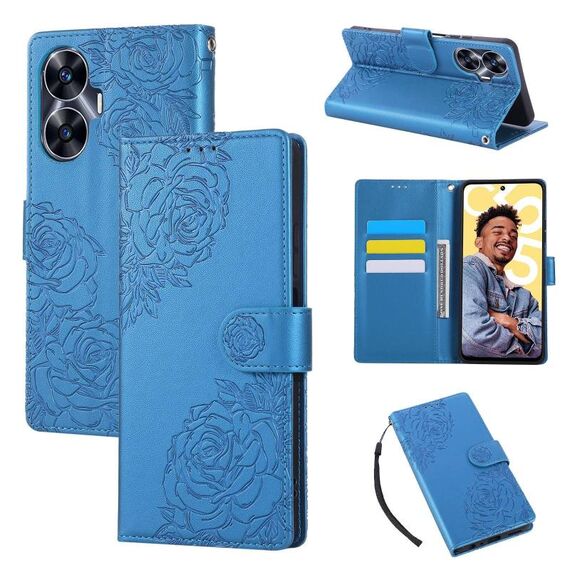 Custodia in pelle con 3 slot per carte di credito e motivo a fiori di rosa per Realme C55 (blu)