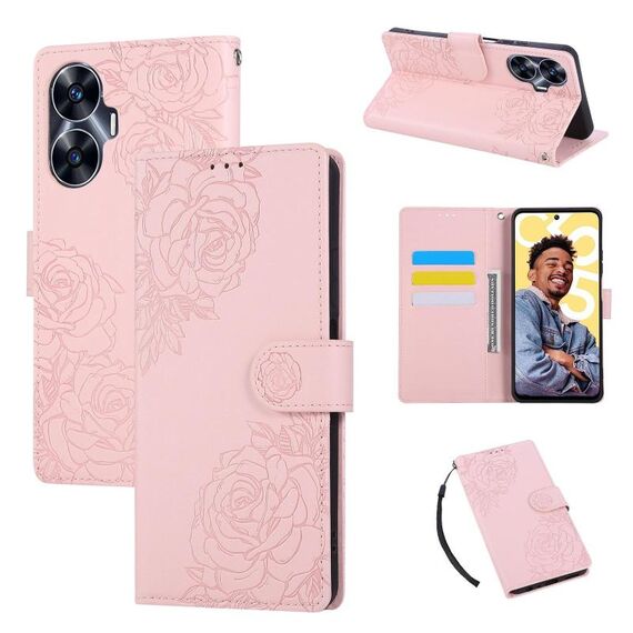 Custodia in pelle con 3 slot per carte di credito e motivo a fiori di rosa per Realme C55 (rosa)