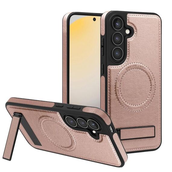 Per Samsung Galaxy S24 5G Custodia per telefono con supporto multifunzione MagSafe PU (oro rosa)