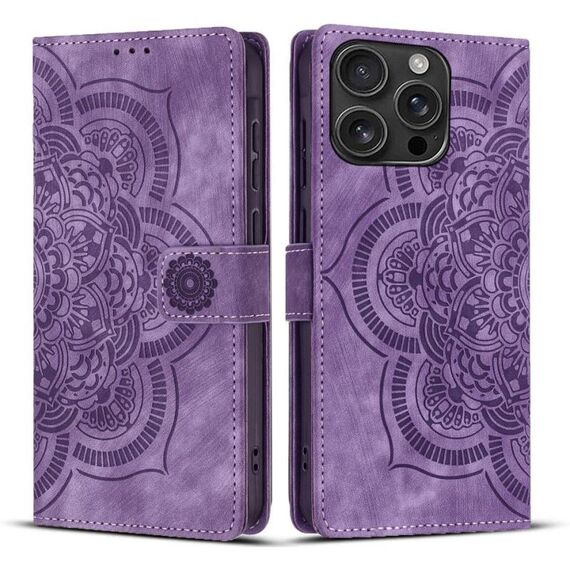 Per iPhone 16 Pro Max Custodia per telefono in pelle smerigliata retrò con stampa mandala (viola)