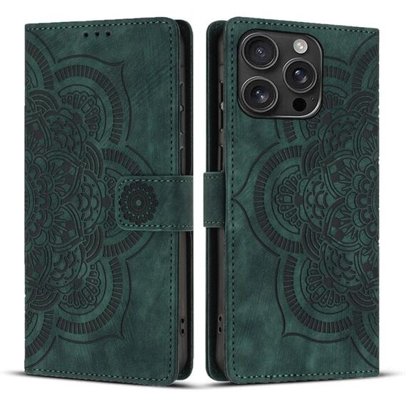 Per iPhone 16 Pro Max Custodia per telefono in pelle smerigliata retrò con motivo mandala in rilievo (verde)