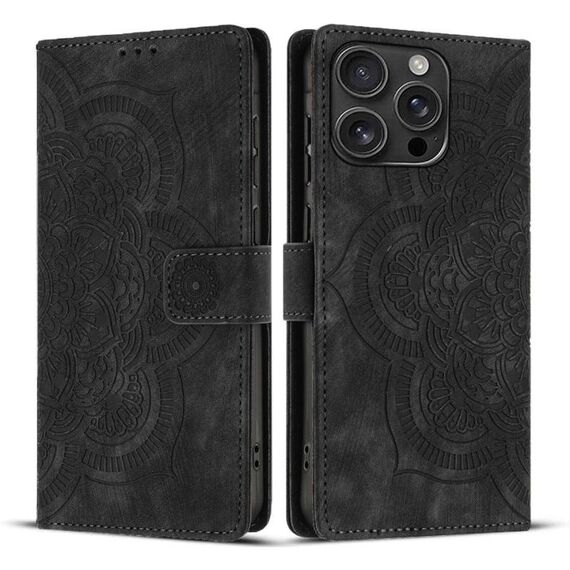 Per iPhone 16 Pro Max Custodia per telefono in pelle smerigliata retrò con motivo mandala in rilievo (nero)