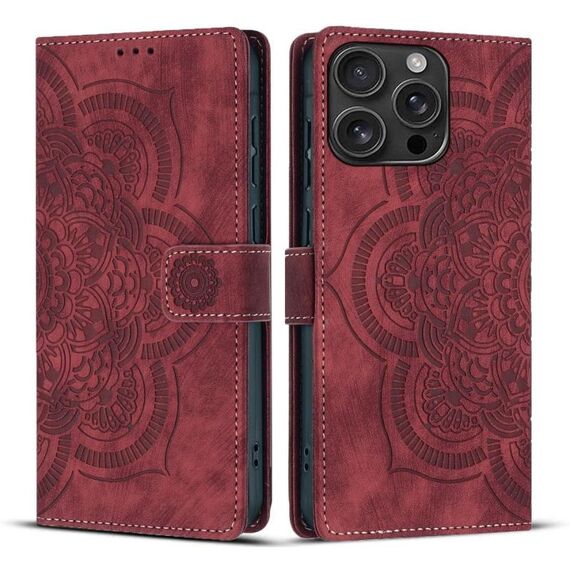 Per iPhone 16 Pro Custodia per telefono in pelle smerigliata retrò con motivo mandala in rilievo (rosso)