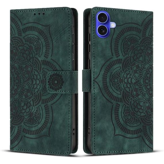 Per iPhone 16 Plus Custodia per telefono in pelle smerigliata retrò con motivo mandala in rilievo (verde)