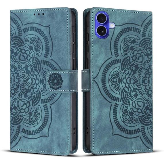 Per iPhone 16 Custodia per telefono in pelle smerigliata retrò con motivo mandala in rilievo (blu)