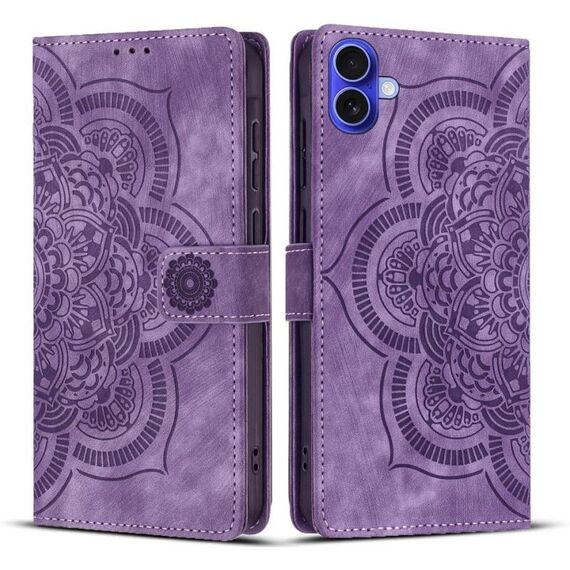 Per iPhone 16 Custodia per telefono in pelle smerigliata retrò con motivo mandala in rilievo (viola)