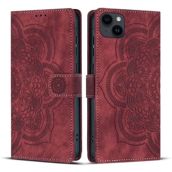 Per iPhone 15 Custodia per telefono in pelle smerigliata retrò con motivo mandala in rilievo (rosso)