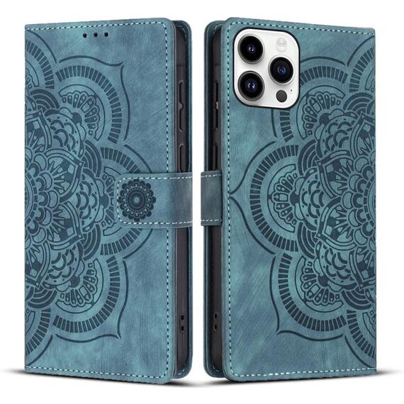 Per iPhone 14 Pro Max Custodia per telefono in pelle smerigliata retrò con motivo mandala in rilievo (blu)