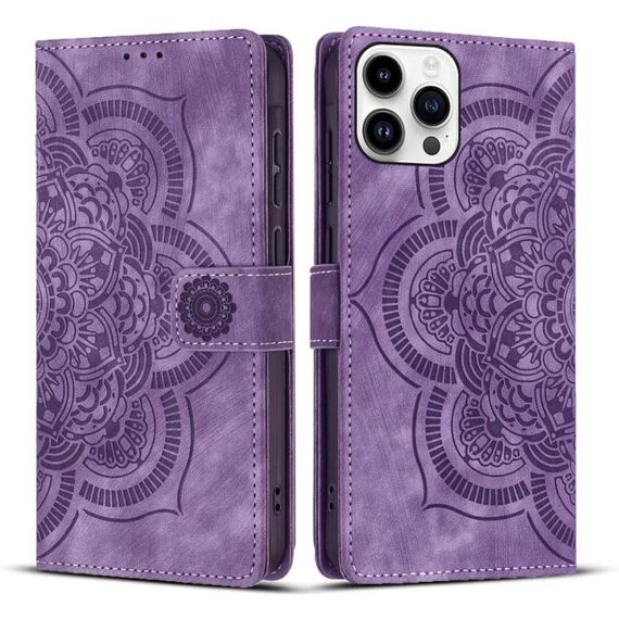 Per iPhone 14 Pro Max Custodia per telefono in pelle smerigliata retrò con motivo mandala in rilievo (viola)