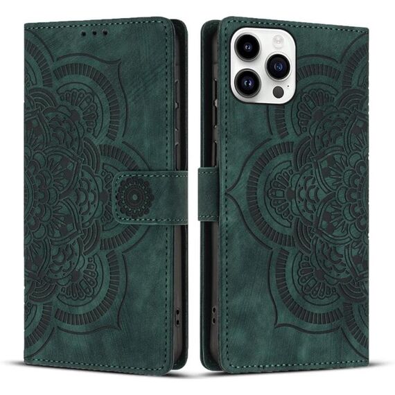 Per iPhone 14 Pro Max Custodia per telefono in pelle smerigliata retrò con motivo mandala in rilievo (verde)
