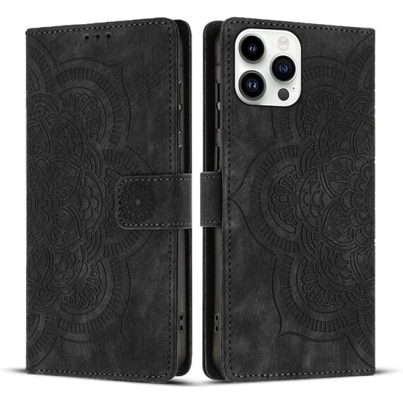 Per iPhone 14 Pro Max Custodia per telefono in pelle smerigliata retrò con motivo mandala in rilievo (nero)