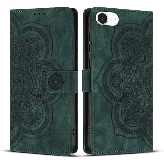 Per iPhone 16e Custodia per telefono in pelle smerigliata retrò con motivo mandala in rilievo (verde)