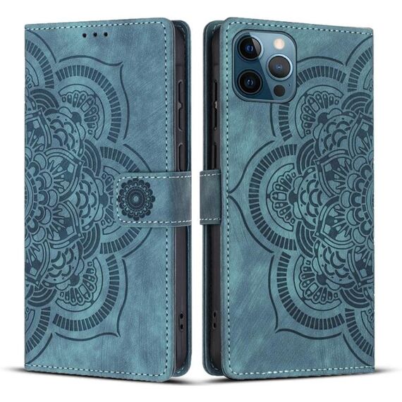 Per iPhone 12 / 12 Pro Custodia per telefono in pelle smerigliata retrò con motivo mandala in rilievo (blu)