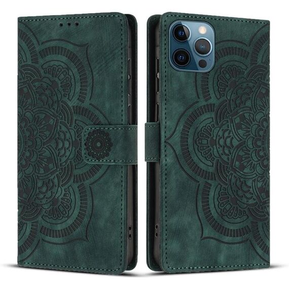 Per iPhone 12 / 12 Pro Custodia per telefono in pelle smerigliata retrò con motivo mandala in rilievo (verde)