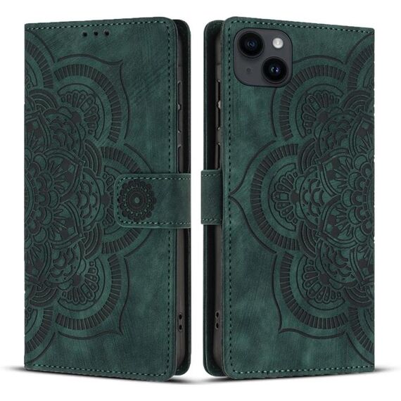 Per iPhone 12 mini / 13 mini Custodia per telefono in pelle smerigliata retrò con motivo mandala in rilievo (verde)