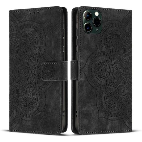 Per iPhone 11 Pro Max Custodia per telefono in pelle smerigliata retrò con motivo mandala in rilievo (nero)