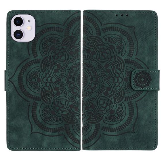 Per iPhone 11 Custodia per telefono in pelle smerigliata retrò con motivo mandala in rilievo (verde)