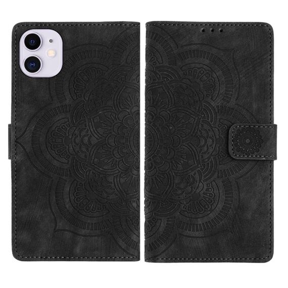 Per iPhone 11 Custodia per telefono in pelle smerigliata retrò con motivo mandala in rilievo (nero)