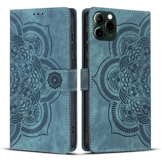 Per iPhone 11 Pro Custodia per telefono in pelle smerigliata retrò con motivo mandala in rilievo (blu)